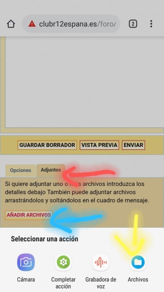 En el cuadro de respuesta si aparece &quot;editor completo&quot;  pinchamos ahí, luego sale la imagen que adjunto<br /><br />Ahora pinchamos en el recuadro que pone &quot;adjuntos&quot; flecha roja<br />Ahora pinchamos en el recuadro que aparece que pone &quot;añadir archivos&quot; flecha azul<br /><br />Acto seguido nos aparecen varias opciones y pinchamos en la carpeta donde tengamos alojada la imagen que deseamos subir (flecha amarilla) <br /><br />Elegimos la foto deseada ( tamaño maximo 5mb) pinchamos sobre ella, esperamos a que carge y pulsamos en el recuadro enviar.<br /><br />En la respuesta tenemos que escribir alguna palabra o frase ejemplo: añado fotos o aquí las imagenes, porque si dejamos la respuesta en blanco no aparecerá la imagen.