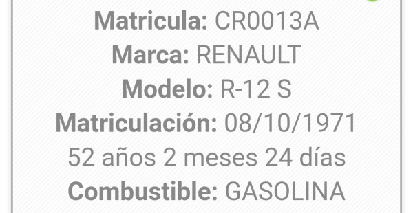 Screenshot_20240101_083731_Infovehiculo.jpg (297.43 KiB) Visto 7491 veces El número 12 era también un R12 S matriculado al día siguiente